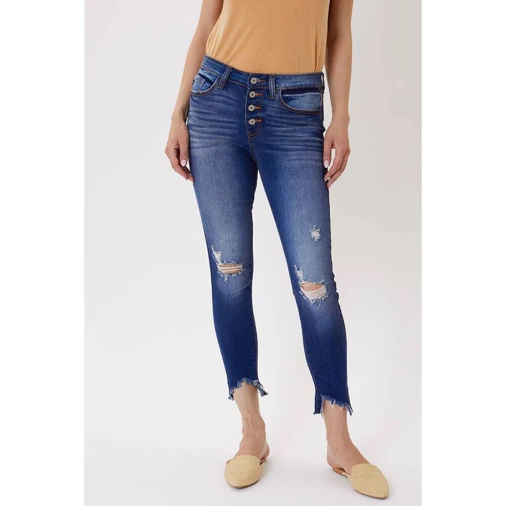 Kancan High Rise Medium Wash Distressed Raw Hem Skinny Jeans 15/31 #785